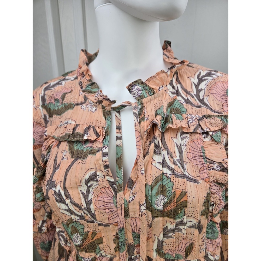 Ivy Jane Shimmer Ruffle V Neck‎ Blouse Top Peach Floral XS Tassel Accent - Picture 2 of 11